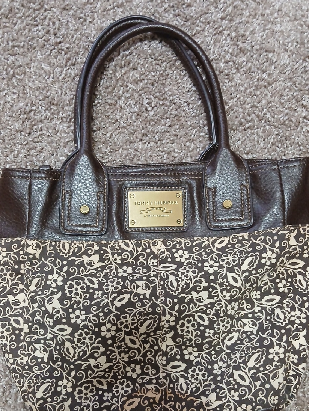 Y2K Tommy Hilfiger Brown and Cream Floral Canvas Tote - Picture 4 of 13